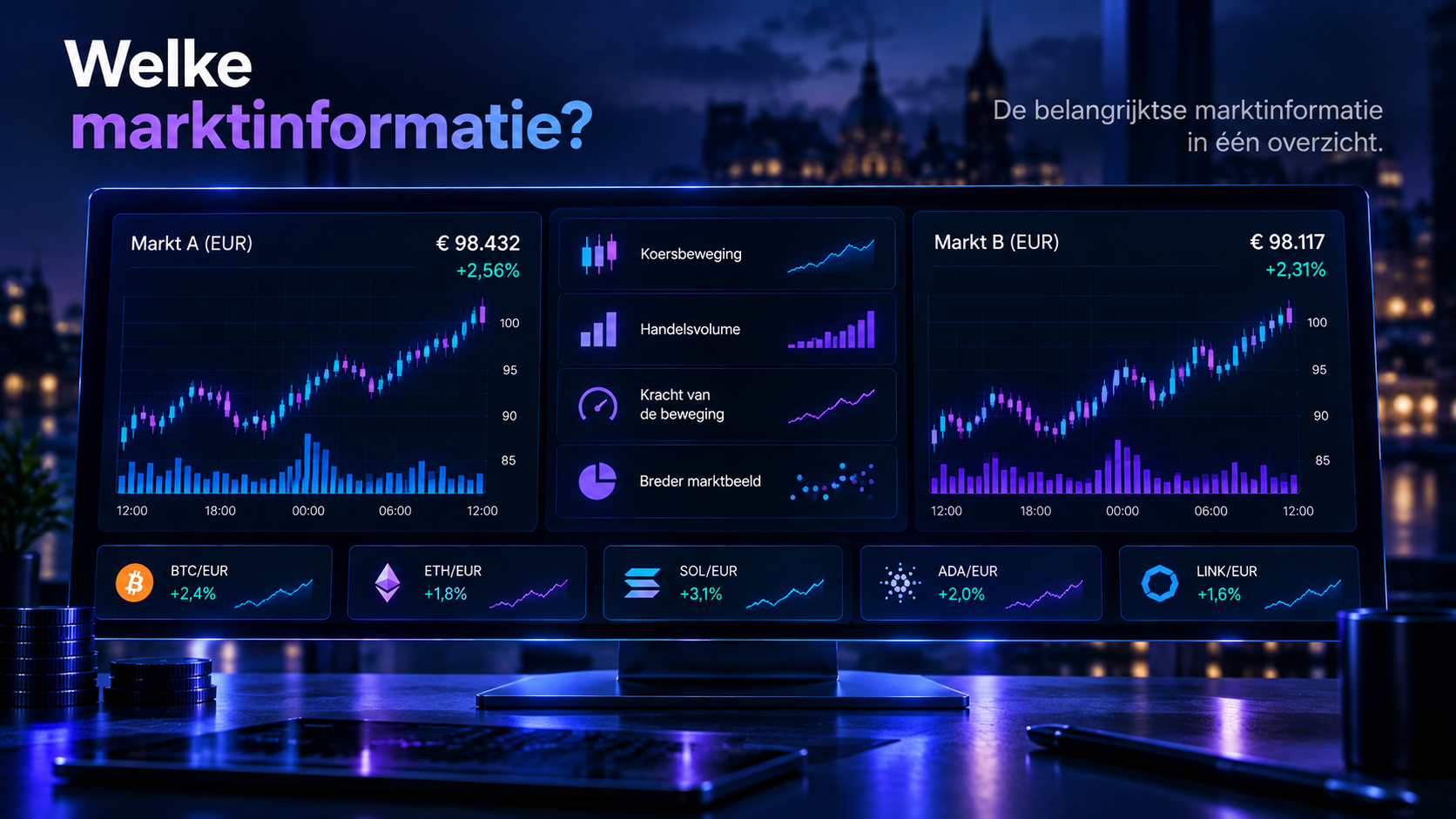 Visualisatie van marktinformatie die Markets Understood gebruikt bij de analyse van Kraken EUR-markten.